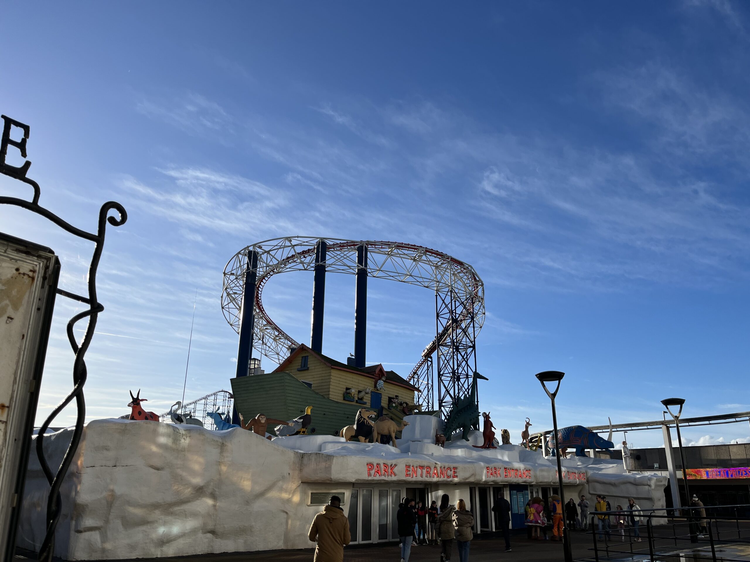 Image of Blackpool Pleasure Beach park entrance with Big One turn-around in the background