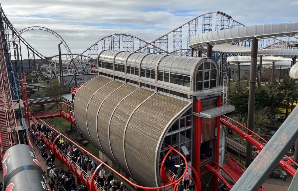 Photograph of the Big One station at Blackpool Pleasure Beach showing a long queue